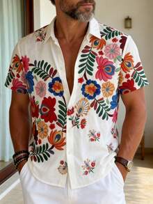 GOLDREDY Men's Summer Vacation Casual Commute Minimalist Floral Print Shirt - White - View 7