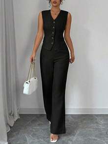 Conjunto de mujer de chaleco sin mangas con cuello en V y pantalones rectos de pierna derecha, de unicolor, elegante y de moda para uso casual y de oficina - Negro - Ver 7