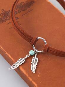 1pc Bohemian Western Cowgirl Feather Pendant Necklace, Vintage Double-Layer Suede Choker Necklace For Women, Suitable For Music Festivals, Vacations And Daily Wear - Multicolor - View 4
