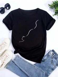 Camiseta Personalizada con Estampado CutewithLoveHole para Mujer, Camiseta Casual de Manga Corta, Ropa de Verano con Estampado de Dibujos Animados, Estilo Urbano Minimalista, Ropa Casual, Estilo Vintage Y2k, Unisex, Camiseta Holgada de Algodón de Manga Corta con Cuello Redondo - Negro - Ver 6