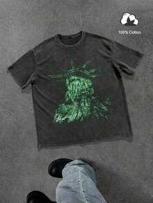 Camiseta de hombre con estampado gráfico de lema de Nueva York y Estatua de la Libertad, estilo callejero americano de algodón de cuello redondo de manga corta - Negro - Ver 5