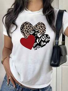 Camiseta Mujer Nueva Manga Corta Cuello Redondo Estampado Corazón Fondo Negro Minimalista Transpirable Para Parejas - Blanco 1 - Ver 2
