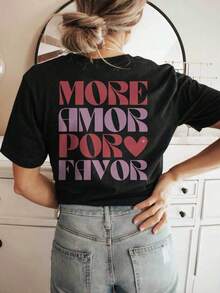 [Double-Sided Print] More Amorpor Favor Heart Letter Print Short-Sleeve Cotton T-Shirt - Unisex Vintage Urban Style, Loose Fit Short-Sleeve Cotton T-Shirt With Round Neck - 黑色 - 查看 4