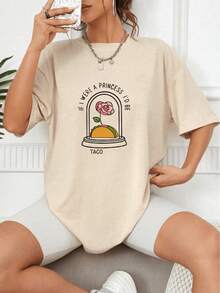 Camiseta de manga corta casual de cuello redondo suelta impresa rosa de primavera verano para mujeres - Albaricoque - Ver 6