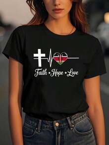 1 Piece "Faith Hope Love" Heartbeat Pattern Print, Women's Plus Size Casual Round Neck Fashion T-Shirt, Spring/Summer, 180g - Women's Summer Clothes, Shiny Cotton Tops, Casual Short Sleeve T-Shirts For Going Out. - 黑色 - 查看 1