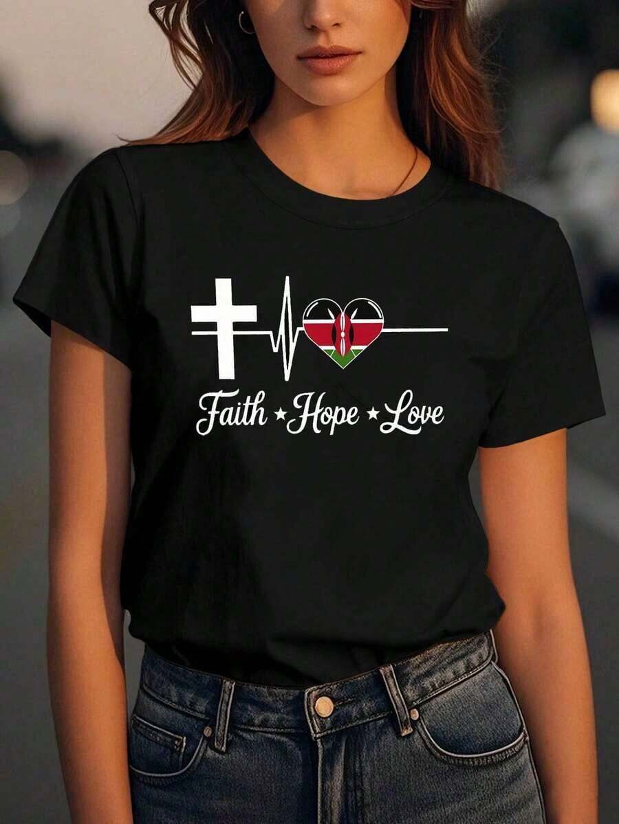 1 Piece "Faith Hope Love" Heartbeat Pattern Print, Women's Plus Size Casual Round Neck Fashion T-Shirt, Spring/Summer, 180g - Women's Summer Clothes, Shiny Cotton Tops, Casual Short Sleeve T-Shirts For Going Out. - 黑色 - 查看 1