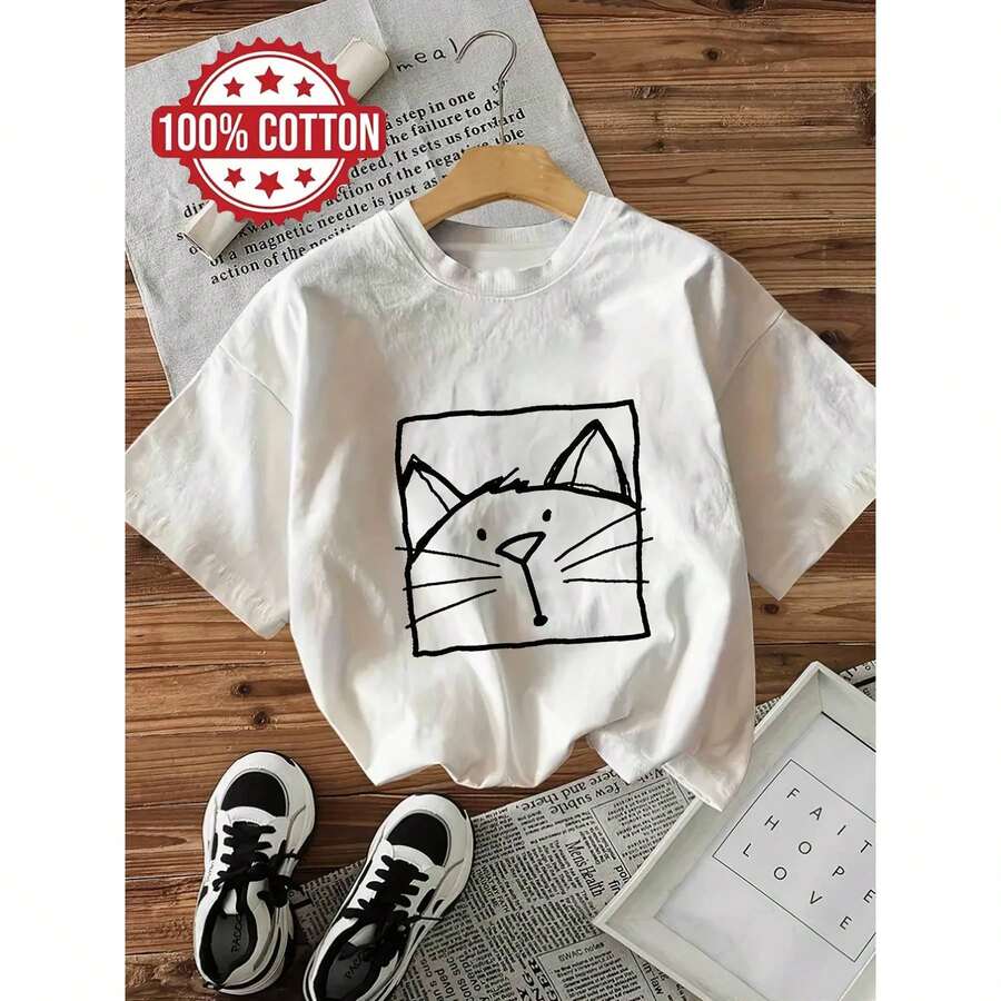 Women's 100% Soft Pink T-Shirt With Black Cat Face Print - Casual Round Neck, Short Sleeve, Pale Pink Top, Minimalist Casual Outfit, All Season Comfort, Machine Washable, Outfit For Cat Lovers - [白色的] - 查看 1