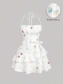 Vestido mini con cuello halter romántico y de moda para mujer - Blanco - Ver 3