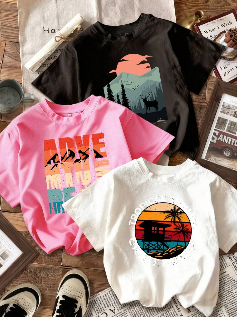 Women's One-Piece T-Shirt With Surf Beach Letter Print, Comfortable Casual Wear, Loose Fit Fashion T-Shirt, Multicolored Women's T-Shirt. - 黑色 - 查看 1