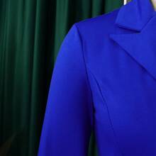 Vestido midi elegante para mujer, cuello blazer, doble botonadura, color liso - Azul + Cinturón - Ver 3