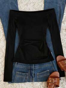 Camiseta de manga larga minimalista y a la moda con hombros descubiertos, regalo para amigos - Negro - Ver 2