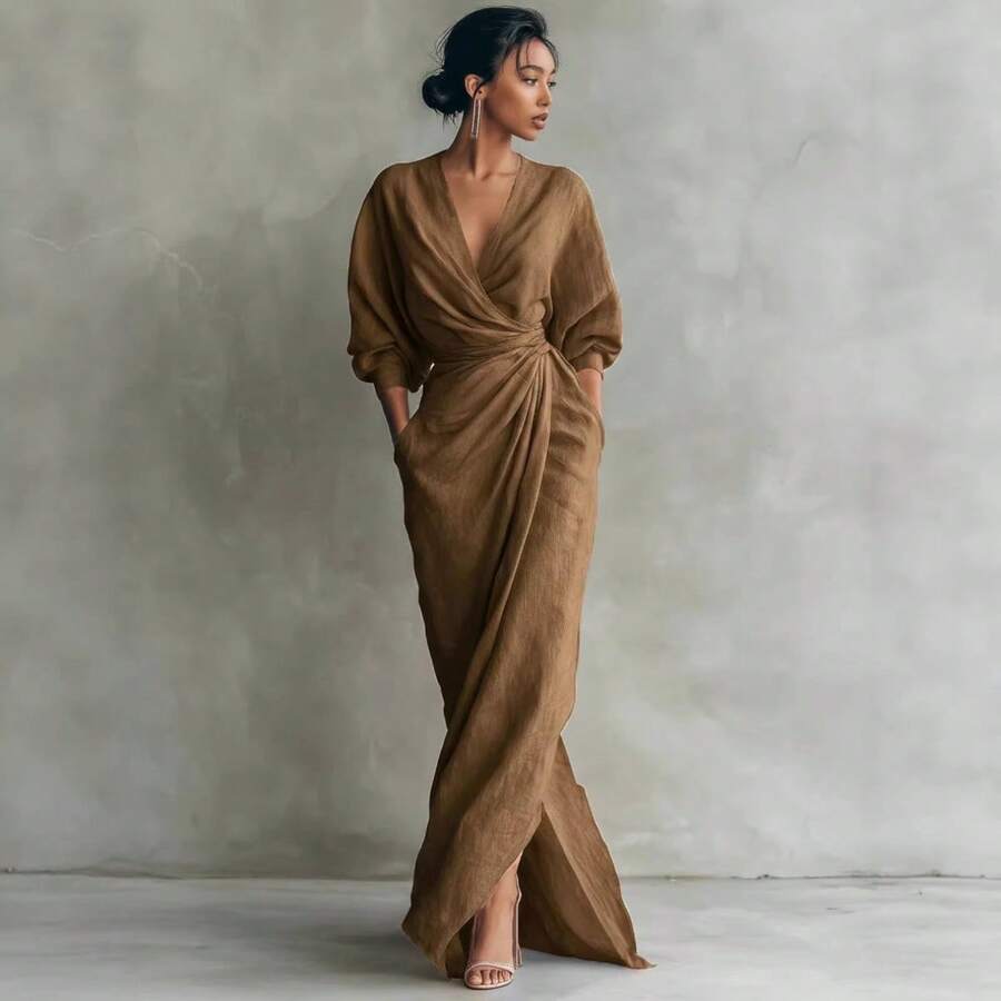 DAILY DOSE 2026 New Elegant Solid Color V Neck Long Sleeve Slit Waist Pocket Midi Dress For Women Chic European And American Style Party Casual Bodycon Maxi Dress With Side Slits, Girls' Gifts - 棕色 - 查看 1