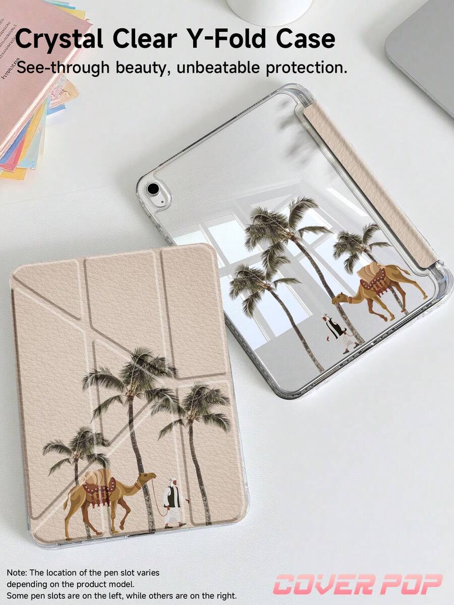 1 chiếc ốp lưng máy tính bảng hai mặt bằng acrylic trong suốt hình lạc đà và cây cọ, chống sốc, có chức năng tự động bật/tắt màn hình, tương thích với iPad Air 8 (M4) 2026 (11/13 inch), (A16) thế hệ thứ 11 11 inch 2025, thế hệ thứ 9/8/7 10.2 inch, gập 3+Y chống cong vênh, có khe cắm bút chì tích hợp, bảo vệ hoàn hảo hàng ngày.