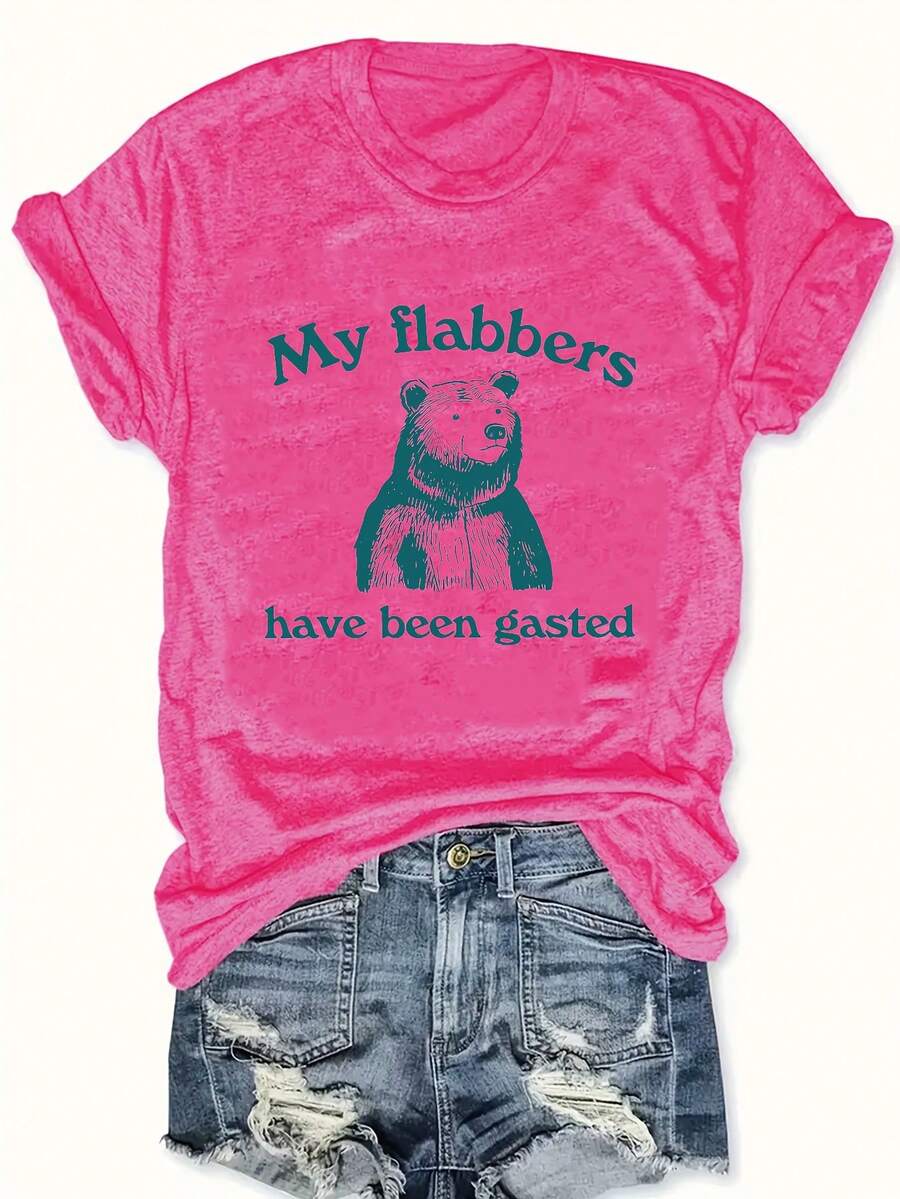 Camiseta Casual de Talla Grande para Mujer con Estampado de Letras "My Flabbers Have Been Gasted" de Mapache, Cuello Redondo, Tela Ligeramente Elástica, Colección Otoño/Invierno, Camiseta de Mapache - Rosa Fucsia - Ver 1