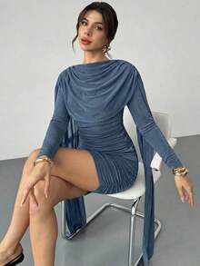 Vestido elegante y casual con cinta fluida y delgada, vestido de festival/vestidos elegantes para fiesta/atuendos de Acción de Gracias para mujeres/vestido de Año Nuevo/vestidos de invierno para mujeres/ropa de otoño/vestido de Año Nuevo/vestido de fiesta/falda negra/vestido negro - Niebla azul - Ver 6