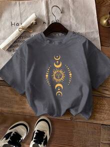 Spring And Summer Fashion Pattern Printed Short Sleeves, Casual Short Sleeve T-Shirts, Women's Fashion Round Waist T-Shirts In Standard Sizes, Women's Clothing In Standard Sizes, Women's Clothing - 深灰色 - 查看 6