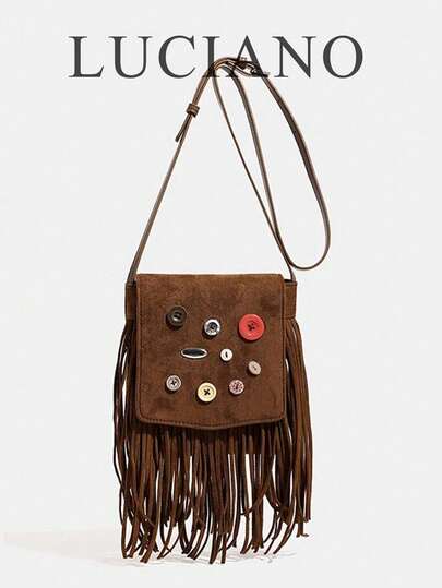 Túi đeo chéo tua rua màu cà phê cổ điển, túi đeo vai kiểu Bohemian có nút cài, 1 chiếc túi tua rua màu cà phê, túi vuông nhỏ kiểu hippie, được trang trí bằng nhiều nút, khóa gập, thích hợp cho đi làm hàng ngày, du lịch, nghỉ mát, chụp ảnh, dã ngoại, dự tiệc và các dịp khác.