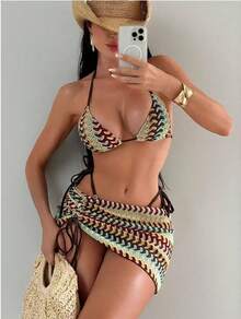 2026 New Wave Pattern Knit Bikini Three-Piece Set Beach Vacation Halter Neck Tie Swimwear For Women - Light Curry Color - View 7