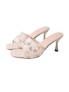 European And American Style Ivory Lace Embroidered Square Toe Stiletto Heel Sandals, Mesh Breathable Open Toe Mule High Heels, Elegant Heels Suitable For Workplace, Dates, Parties, And Formal Events - White - View 8