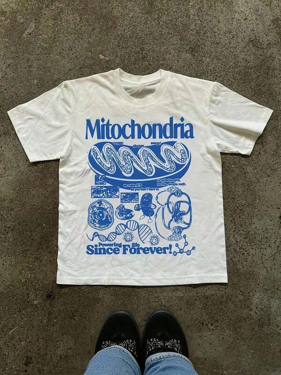 Minimalist. 100% Cotton. 1 Piece. Mitochondria Graphic T-Shirt - Stylish White Tee With Blue Text And Detailed Mitochondrion Illustration. | Features Schematic Graphics Of Cellular Structures And DNA. | Perfect For Science Buffs And Casual Wear, Just One Piece. Spring/Summer Top. - White - View 1