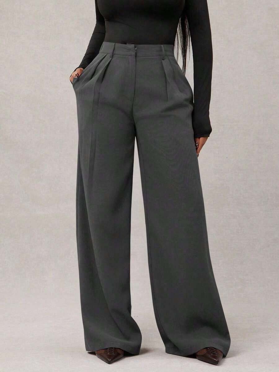 Pantalones anchos de pierna ancha de color café oscuro de moda minimalista para mujeres, pantalones de oficina de pierna ancha de color marrón para mujeres con cintura alta, pantalones de traje marrón para otoño/invierno - Gris - Ver 1