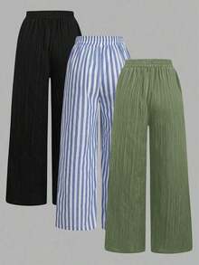 Set de 3 pantalones rectos sueltos de cintura alta con cordón y bolsillos, de unicolor y versátiles, adecuados para primavera/verano - Multicolor 8 - Ver 2
