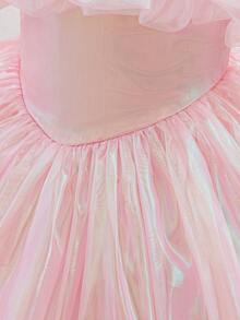 BabyGirl 3D Floral Off-Shoulder Contrast Mesh Dress, Flower Girl Birthday Party Ball Evening Gown, 1st Birthday Ceremony Princess Dress - Pink - View 8