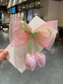 3件套女孩纯色双蝴蝶结发夹，甜美郁金香花朵发夹，适用于刘海、后颈，鳄鱼夹带网纱，适合度假，可爱女孩礼物，适合旅行、节日、派对、情人节及各种场合。 - 玫紅色 - 查看 4