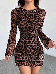 Vestido corto de mujer con mangas campana y malla con estampado de leopardo - Marrón - Ver 11