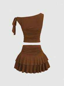Conjunto de top de tirantes y minifalda plisada y con decoración de flores metálicas para mujer, ideal para el verano - Marrón Mocha - Ver 4