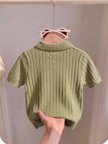 Suéter ligero de media cremallera de punto de cable de unicolor para niños, adecuado para la escuela, uso diario en primavera, verano y otoño - Verde - Ver 5