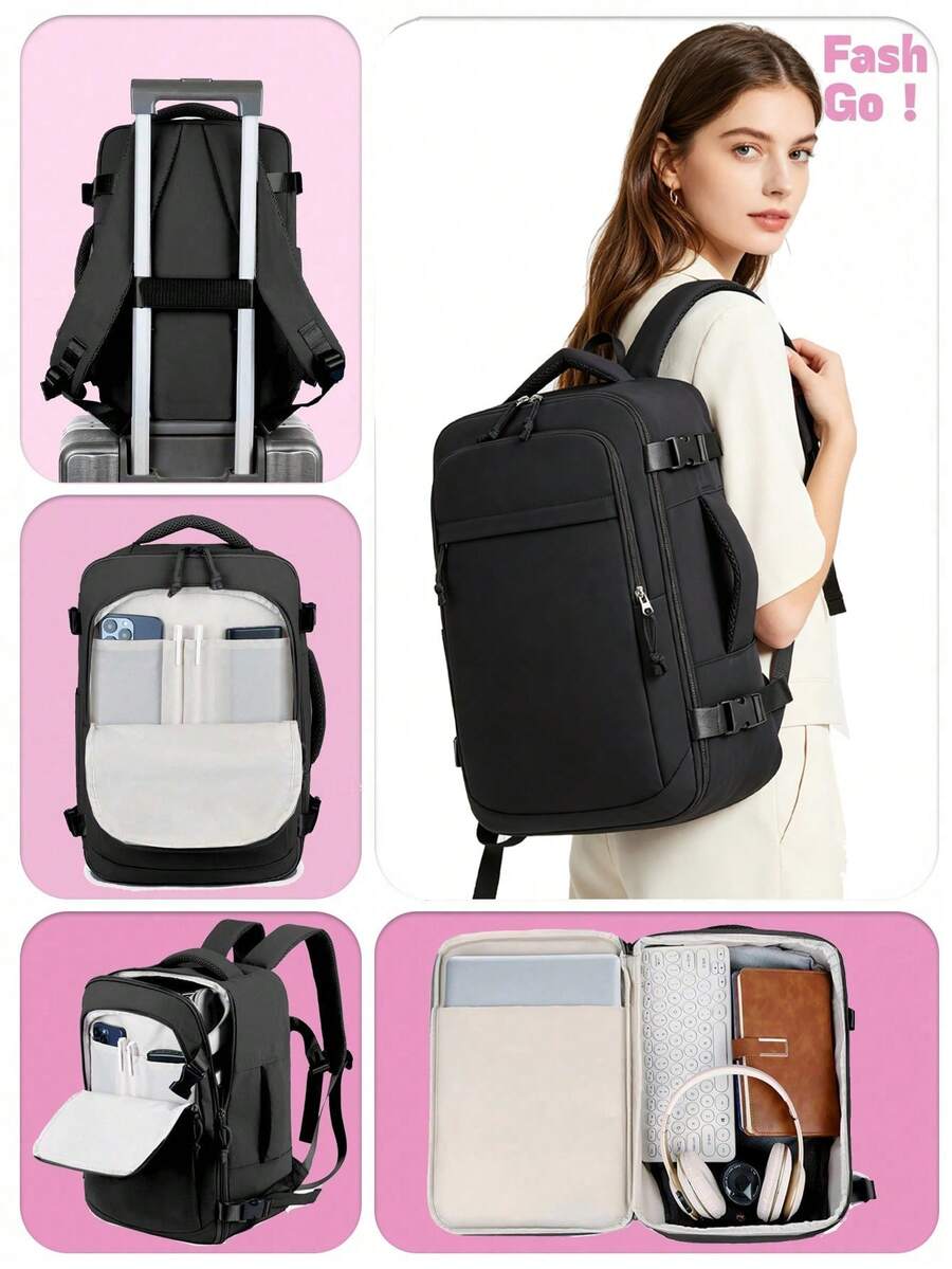 1pc Large Capacity Grey Travel Laptop Backpack. Durable Water-Resistant Nylon Commuter Backpack With Luggage Strap And Multi-Compartment Design. 180° Wide Opening Large Capacity Bag With Separate Laptop Compartment.