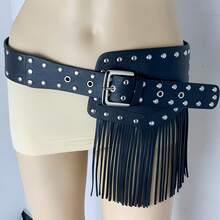 Western Cowgirl Style Black Fringe Rivet Belt, Personalized Wide Leather Belt, Suitable For Dresses And Jeans, Baddie Y2K Punk Rivet Fringe Wide Waist Belt - Multicolor - View 9