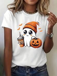 Camiseta de algodón de manga corta para mujer, camiseta estampada informal a la moda, top de dibujos animados lindo y moderno para mujer, capa base. - Blanco - Ver 5
