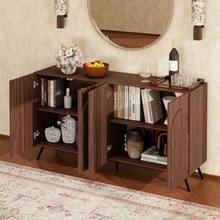 Sideboard In Mid-Century Design, Hallway Cabinet In Walnut Wood Look With 3D Grooves & Arched Doors, Engineered Wood, Adjustable Shelves, Gold-Colored Metal Feet - 棕色 - 查看 6