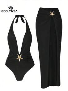 Traje de baño de una pieza con decoración de estrella de mar y falda pareo con abertura alta, diseño elegante para mujeres, adecuado para vacaciones de verano en la playa, color blanco - Negro - Ver 3