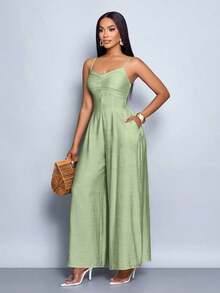 Mono de pierna ancha con escote drapeado, cuello drapeado, cordones en la espalda para mujer, para uso diario y vacaciones - Verde - Ver 7