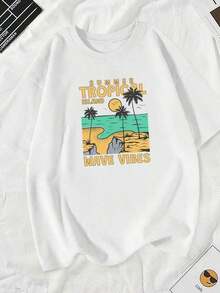 1 Yellow Island Tropical Wave Print T-Shirt - Featuring Palm Tree Print And Surf Logo, Hawaii/Turks And Caicos Lettering, Casual Short-Sleeve Beachwear For Summer, Machine Washable, Ideal For Vacations. 180g 100% Cotton, Patterns Are Fully Printed. Unisex. - 黑色 - 查看 9