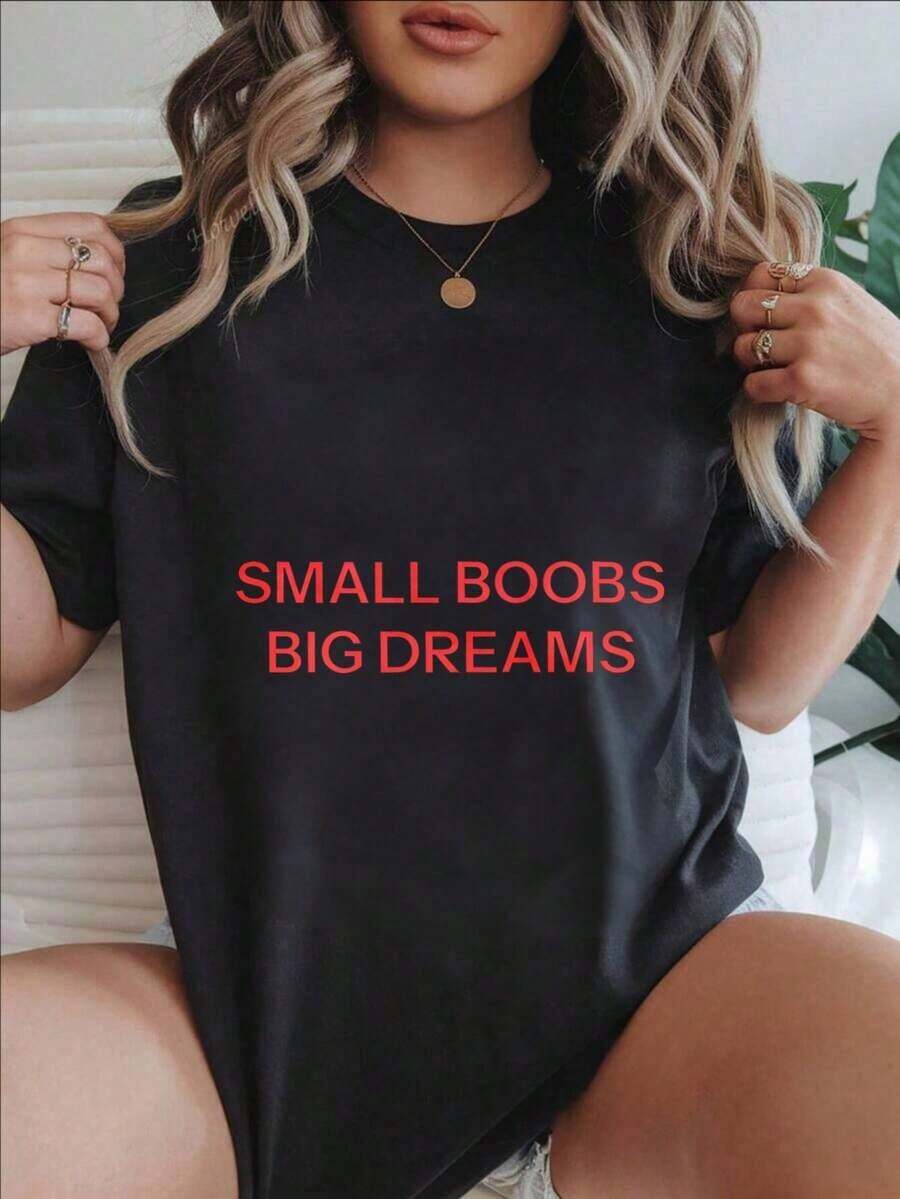Women's Casual Short Sleeve T-Shirt - Round Neck, "Small Boobs Big Dreams" Print, Summer Top, Machine Washable, Ladies' T-Shirts, Casual Wear, Modern Style, Comfortable Fit
-White - 黑色 - 查看 1