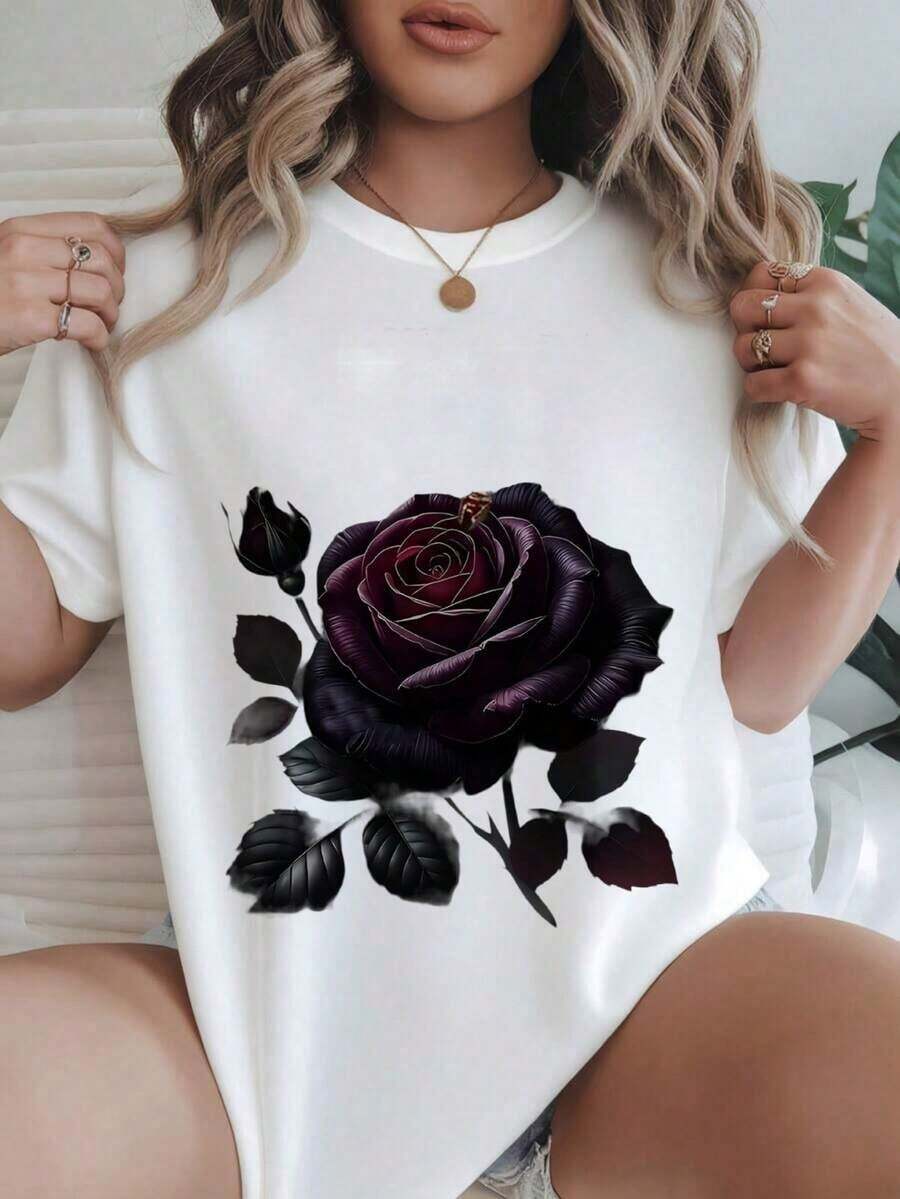 Camiseta Casual de Manga Corta para Mujer - Diseño de Rosa con Hojas y Capullo, Cuello Redondo, Top de Verano, Lavable a Máquina, Camisetas para Damas, Ropa Casual, Estilo Moderno, Ajuste Cómodo
-Blanco - Blanco - Ver 1