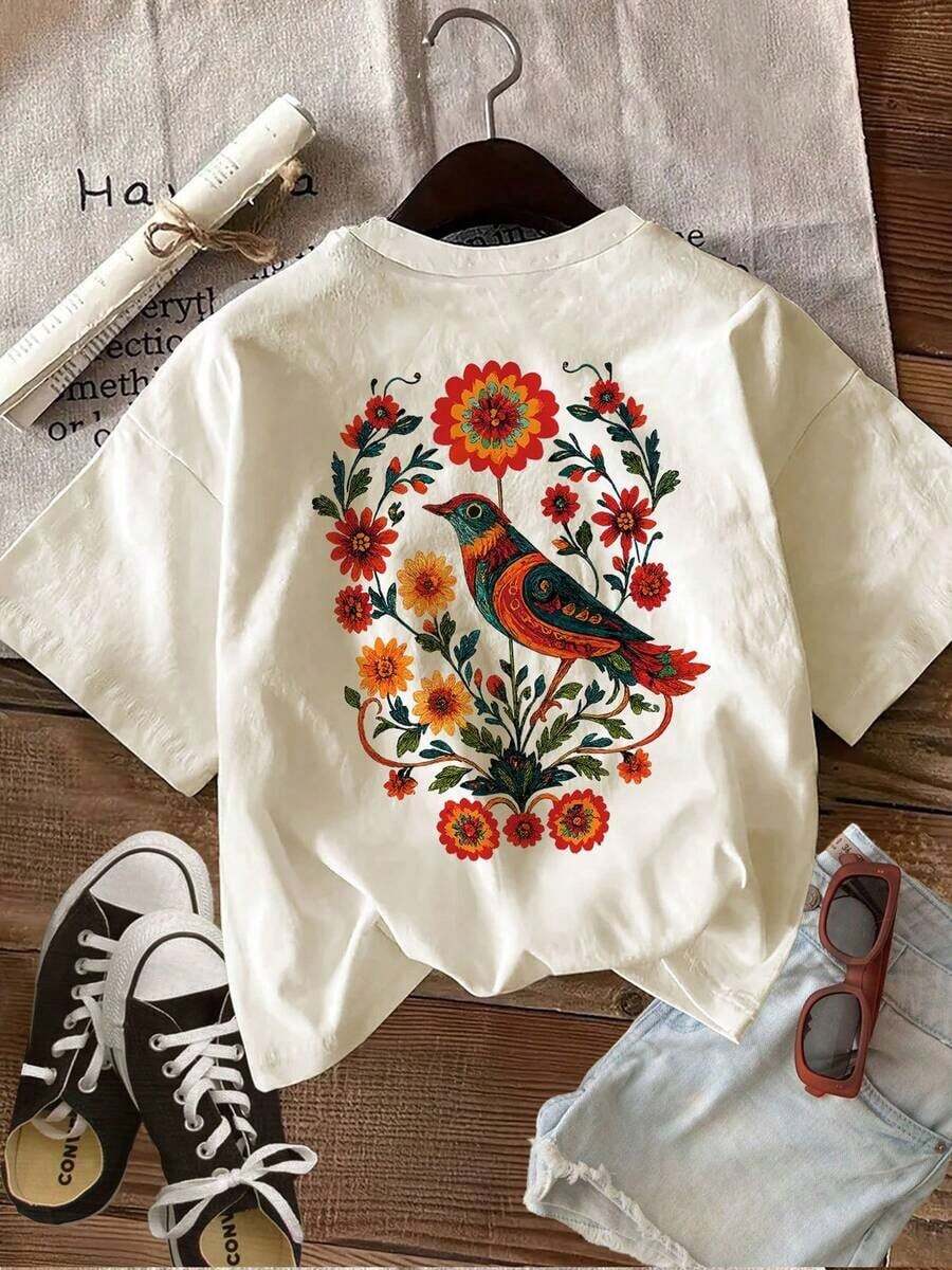 Women's T-Shirt With Floral And Bird Pattern, Short Sleeves And Round Neck, Soft Fabric, Regular Fit For A Casual Summer Style In Spring And Summer, Women's T-Shirts, Women's Tops, Women's Short-Sleeved T-Shirts, Women's Summer Tops, Women's Summer Clothing, Women's, Mother's Day, Norpojin Women's, Tropicoqueta Women's Fashion, Brands, Outdoor Clothing, Flamenco Dress For Women, Toto En Ninetta Jersey, Kurdish, Boho Style Women's, Must-Have Holiday Wear, Women's Sports Set, Maja Women's, Sweater, Spring Outfit, Summer Outfit For Women, Festival Outfit For Women, Y2K, Easter, Motif, 2000s Style, ZYHQ - White - View 1
