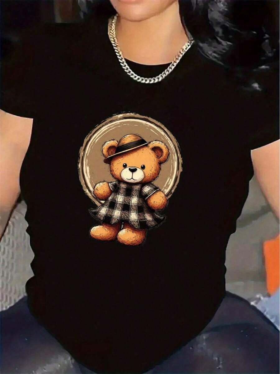 Adorable Bear Design T-Shirt | Durable And Comfortable, Ideal For Living Room Or Dining Room, Soft Fabric, Stylish Casual Top For Everyday Wear, Lightweight And Breathable Clothing, Round Neck, Medium Elasticity Fabric, Printed - 黑色 - 查看 1