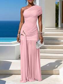 ChicMe Women's Pleated Mesh Dress With Gold Buckle, High Slit Fitted Evening Gown For Party - Baby Pink - View 4