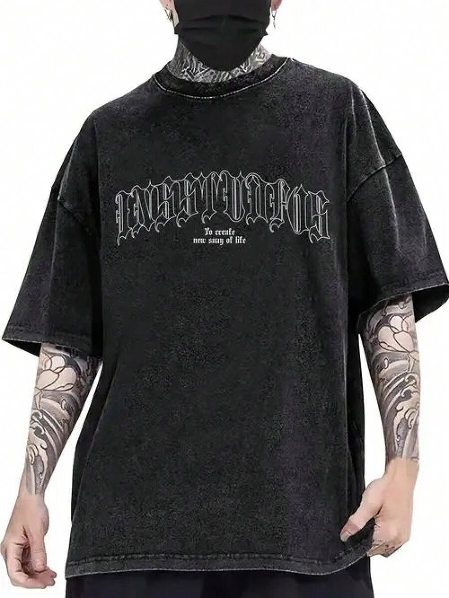 1pc camiseta unisex de corte holgado, cuello redondo y manga corta con efecto desgastado, diseñada por un artista al estilo Y2K, hecha de 1pc00% algodón (220g). Este estilo casual y versátil es perfecto para la moda urbana, el uso diario, campamentos, conciertos y eventos de hip-hop, rock y rap, y presenta un estampado de estrellas. Es una opción ideal. - Negro - Ver 1