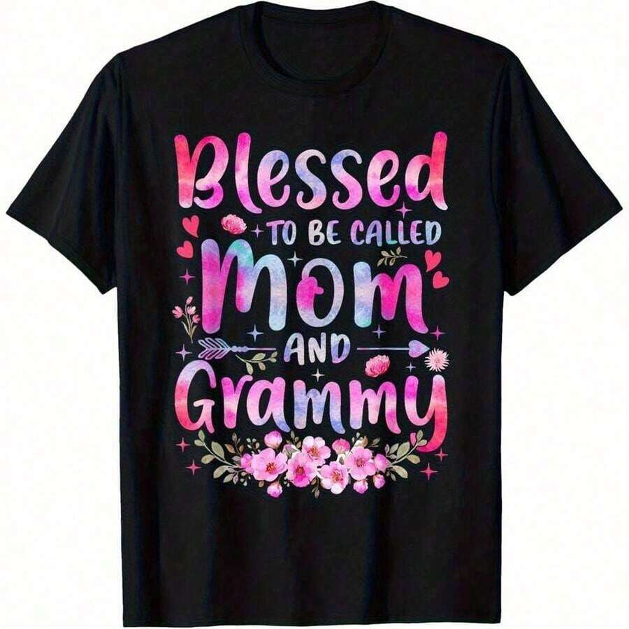 1 Piece Of Men's T-Shirt, Size 3XL, With "Proud To Be A Mother And Grandmother" Print - Floral Heart Design, Round Neck, Casual Style, Comfortable For All Seasons, Suitable For Dads, Grandpas And Grandmas Alike - Ideal Gift For Mother's Day, Father's Day Or Birthdays - High Quality Fabric, Plus Size, Fade Resistant, Artistic Print, For Women, For Going To Work, Memorial Day, 180g 100% Cotton. - 黑色 - 查看 1