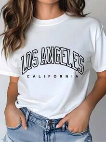 Camiseta de mujer moderna, informal, para fiestas y para estar en casa, 100% algodón, corte holgado. . De corte holgado. Camiseta con Estampado Gráfico de Los Ángeles para Mujer, Casual, Manga Corta, 1 Pieza, 100% Algodón Pesado, Cuello Redondo Cómodo, Camisetas Suaves y Adorables, Estilo Urbano Vintage de Los Ángeles, Unisex, Camiseta Holgada de Algodón de Manga Corta con Cuello Redondo, blusasparadamacasuales - Blanco - Ver 7