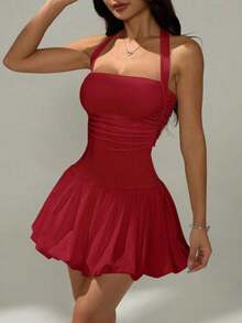Vestido informal corto de unicolor con cuello de lazo y espalda descubierta para mujer - Burdeos - Ver 1