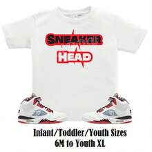 T-Shirt With The  5 Quai 54 Shoe By Sneaker Head, Retro 5 Quai 54 T-Shirt, Red And White Retro 5 T-Shirt - 款式 - 查看 1