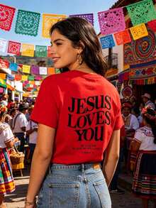 Women's Red Cotton Short-Sleeve T-Shirt With "Jesus Loves You" Print, Regular Short Sleeves, Crew Neck, And Slightly Stretchy Fabric, Perfect For A Cute And Festive Look. 100% Cotton - 紅色的 - 查看 6