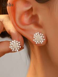 Hihho 1 Pair Snowflake Zirconia Stud Earrings, Sparkling Firework Design Earrings, French Elegant Style Versatile For Daily, Work, And Dates - Dandelion - View 2